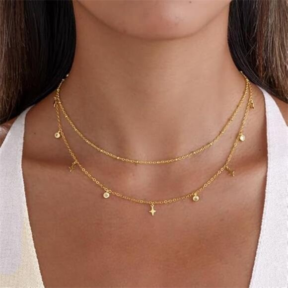 Layered Satellite Chain Necklace – Dainty Zirconia Pendant, Two-Piece Set - Picture 3 of 5